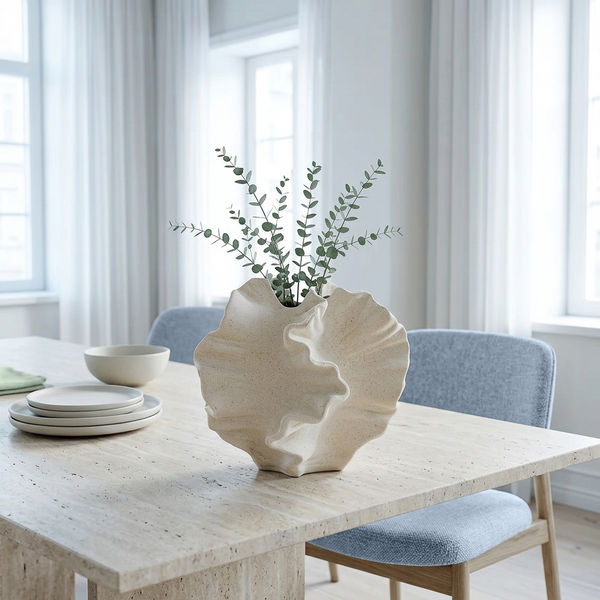 A textured, scalloped cream ceramic vase filled with eucalyptus stems, styled on a light stone dining table with blue upholstered chairs in a bright, modern room.