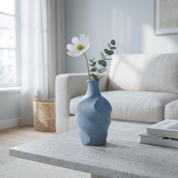 A textured light blue ceramic vase with a twisted, organic shape sits on a gray stone coffee table in a bright, modern Scandinavian living room. The vase holds a white daisy and a green eucalyptus stem.