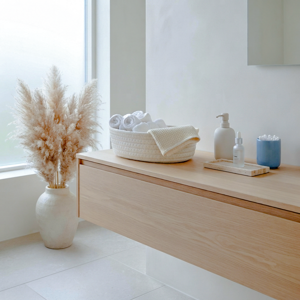 A modern floating bathroom vanity in light natural wood, styled with a woven basket of rolled towels, a white pump bottle, a small tray, and a blue cup, set in a bright minimalist bathroom next to a vase of pampas grass.