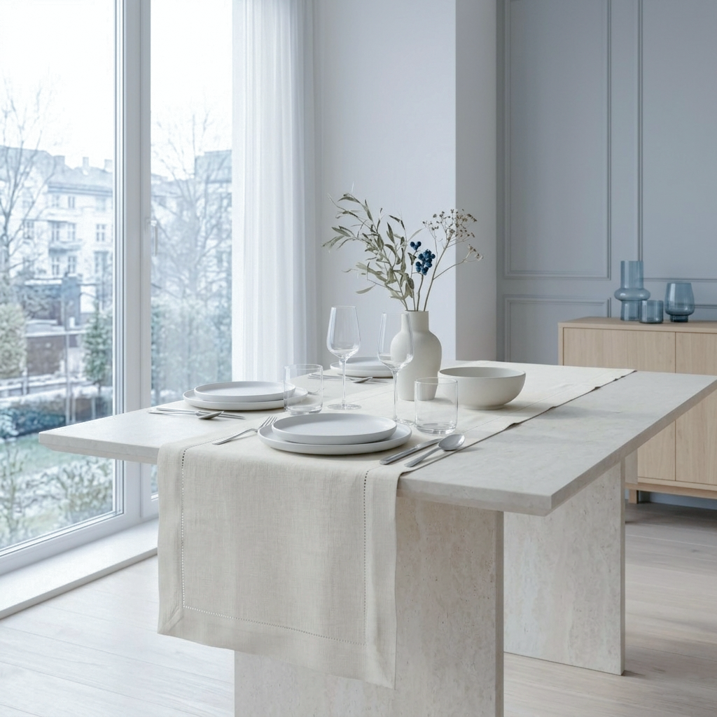 A minimalist dining table set in a bright, modern room with a light beige linen table runner, white plates, glasses, and a simple vase with dried stems.