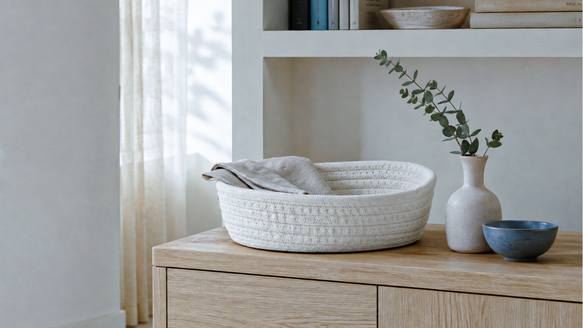 A white woven basket containing folded light gray towels, styled on a light wood sideboard next to a small white vase with greenery and a blue bowl in a bright, modern room.