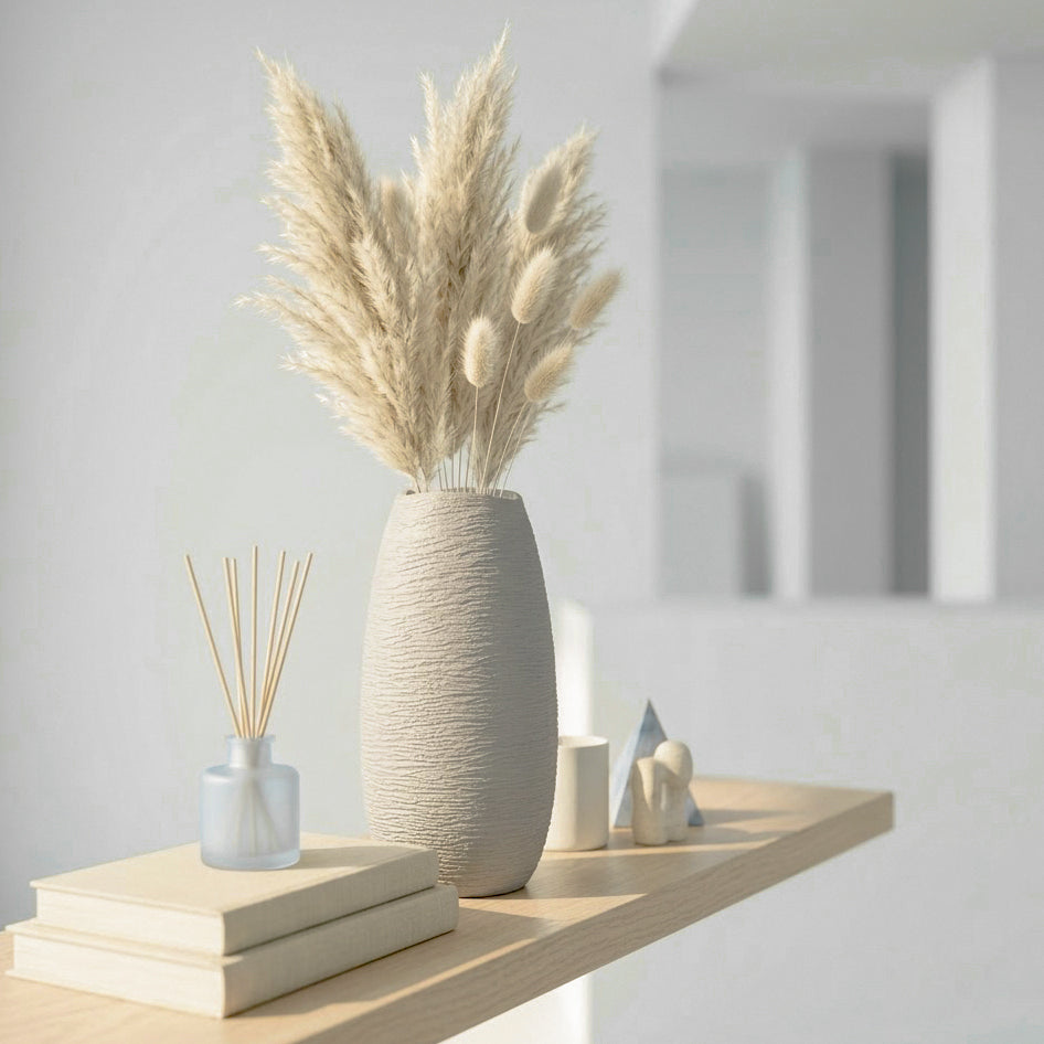 A textured light beige ceramic vase filled with dried pampas grass, styled on a light wood shelf next to a small glass reed diffuser and neutral decorative objects in a bright, minimalist interior.