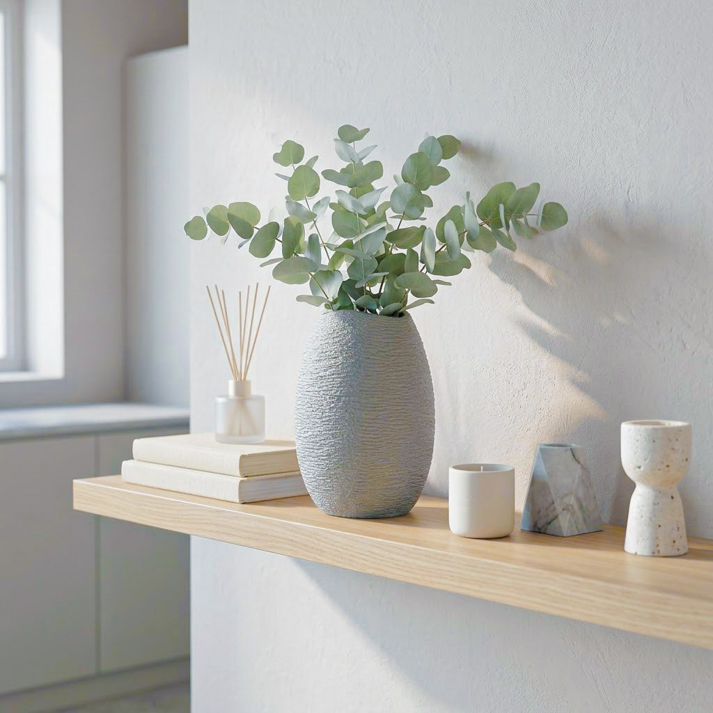 A textured light gray ceramic vase filled with eucalyptus branches, styled on a light wood floating shelf next to books, a reed diffuser, and small ceramic containers in a bright, modern room.