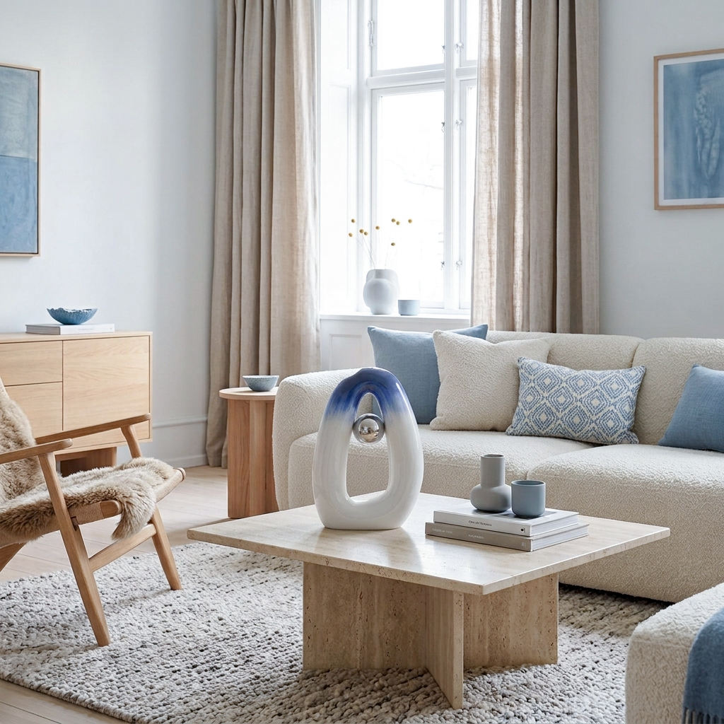 A styled Scandinavian living room interior featuring a cream bouclé sofa with blue accent pillows, a light wood coffee table, a textured rug, and neutral beige curtains in front of a bright window. In the middle is a ceramic vase with blue-white gradient texture.