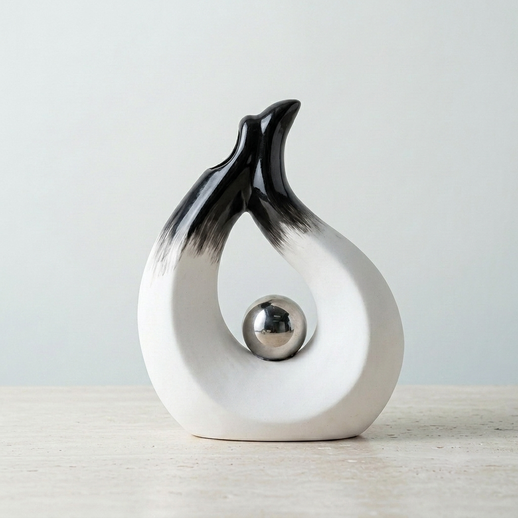 A modern abstract ceramic sculpture vase of a stylized flame in black and white, with a polished silver metallic sphere nestled in its curved body, set against a neutral light gray background.