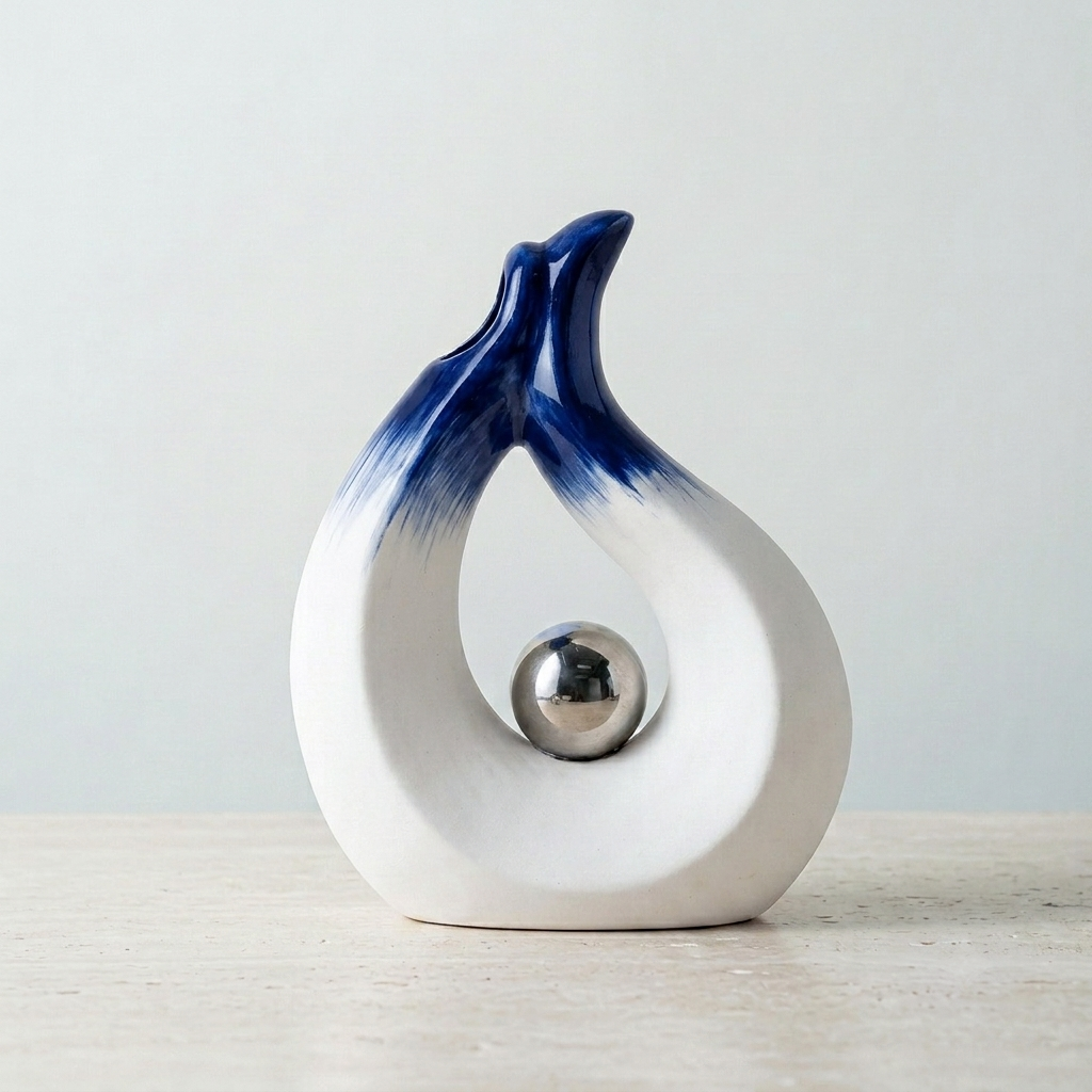 A ceramic flame vase in white and blue, with a polished silver ball nestled inside its curved body, displayed on a light wooden surface against a neutral background.