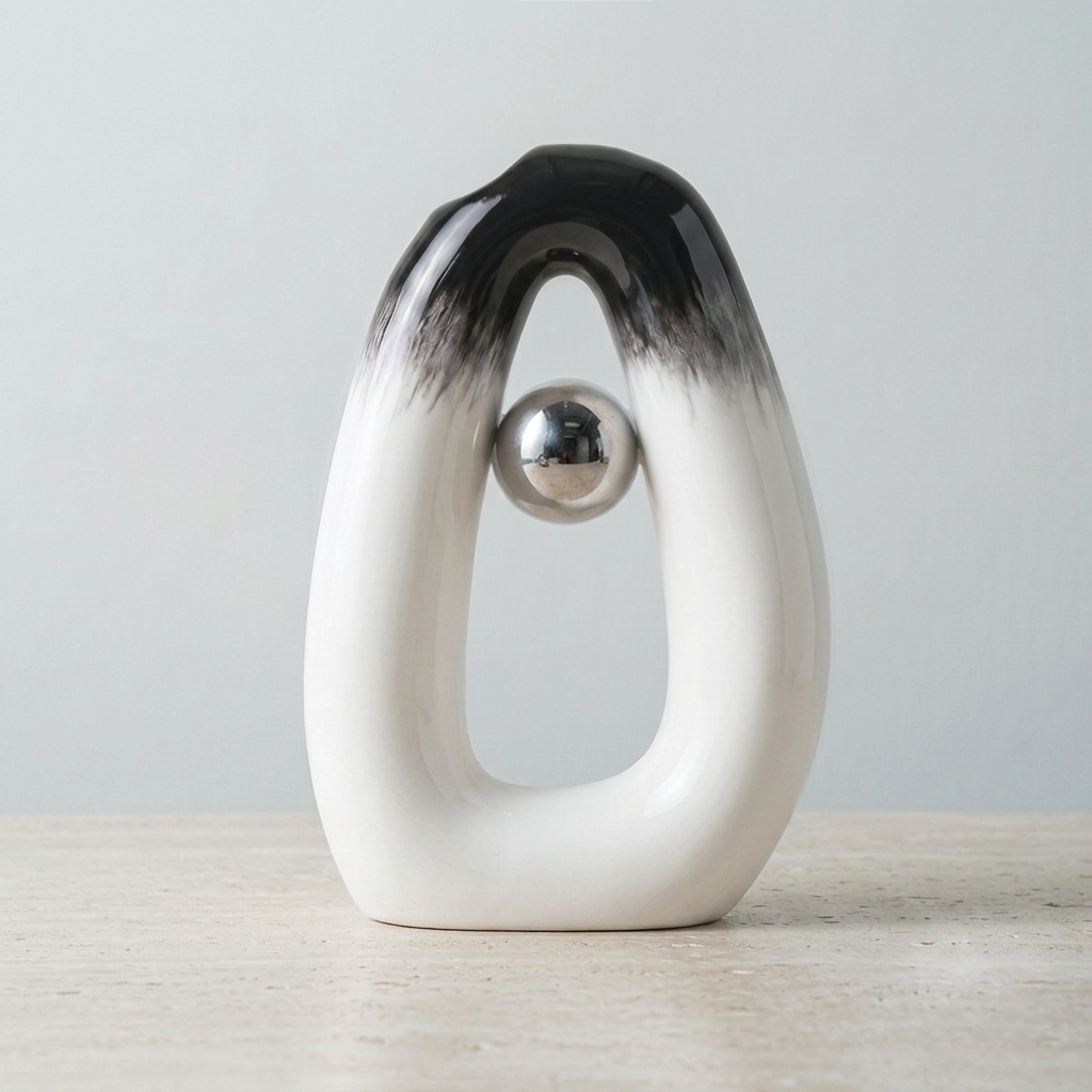 A modern abstract ceramicvase with a glossy white and black ombre design, featuring a central polished silver sphere, displayed on a light wooden surface against a neutral gray background.