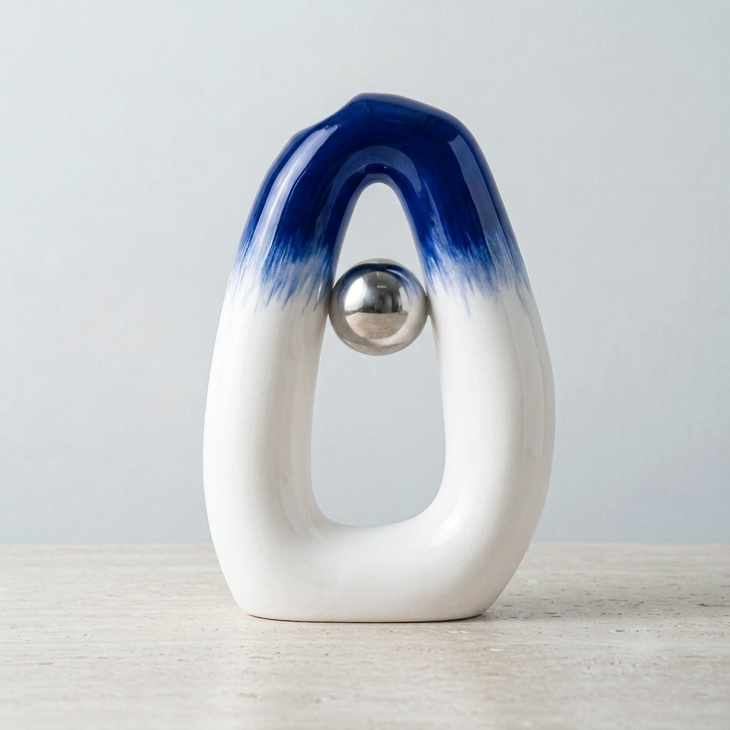 A modern abstract ceramic vasewith a glossy white and deep blue gradient design, featuring a central metallic silver sphere, set against a neutral light gray background.