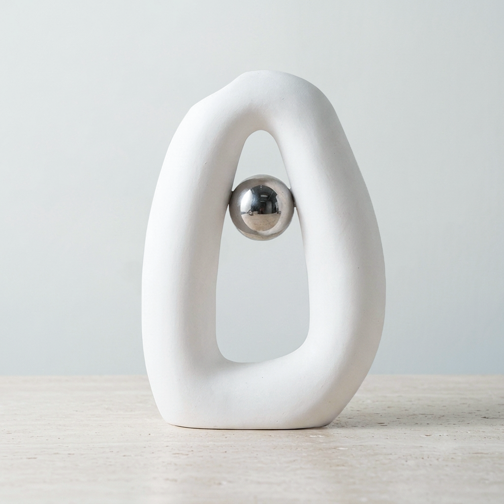 A white abstract ring-shaped sculpture with a polished silver metallic ball suspended in the center, displayed on a light wood surface against a soft light gray background.