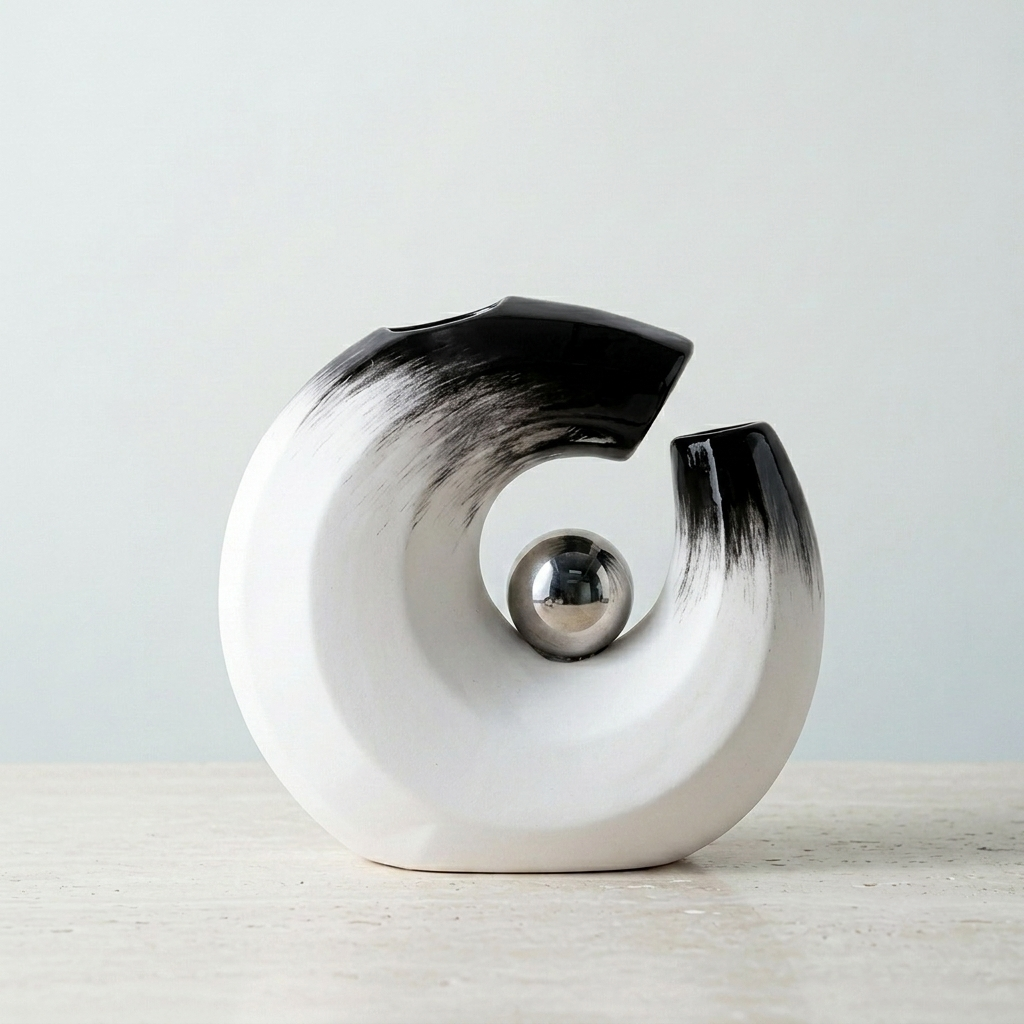 A modern abstract ceramic vase in a spiral C-shape, featuring a glossy black and white gradient finish with a polished metallic silver sphere at its center, displayed on a light-colored surface against a neutral background.