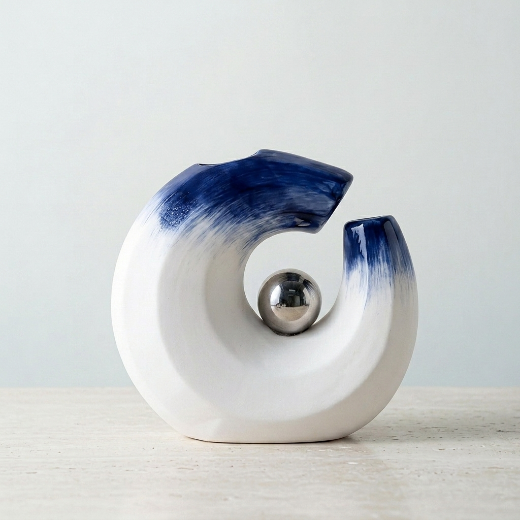 An abstract ceramic vaase in a C-shape with a white body and dark blue gradient glaze, featuring a polished metallic silver sphere inside the hollow center, set against a light gray background.