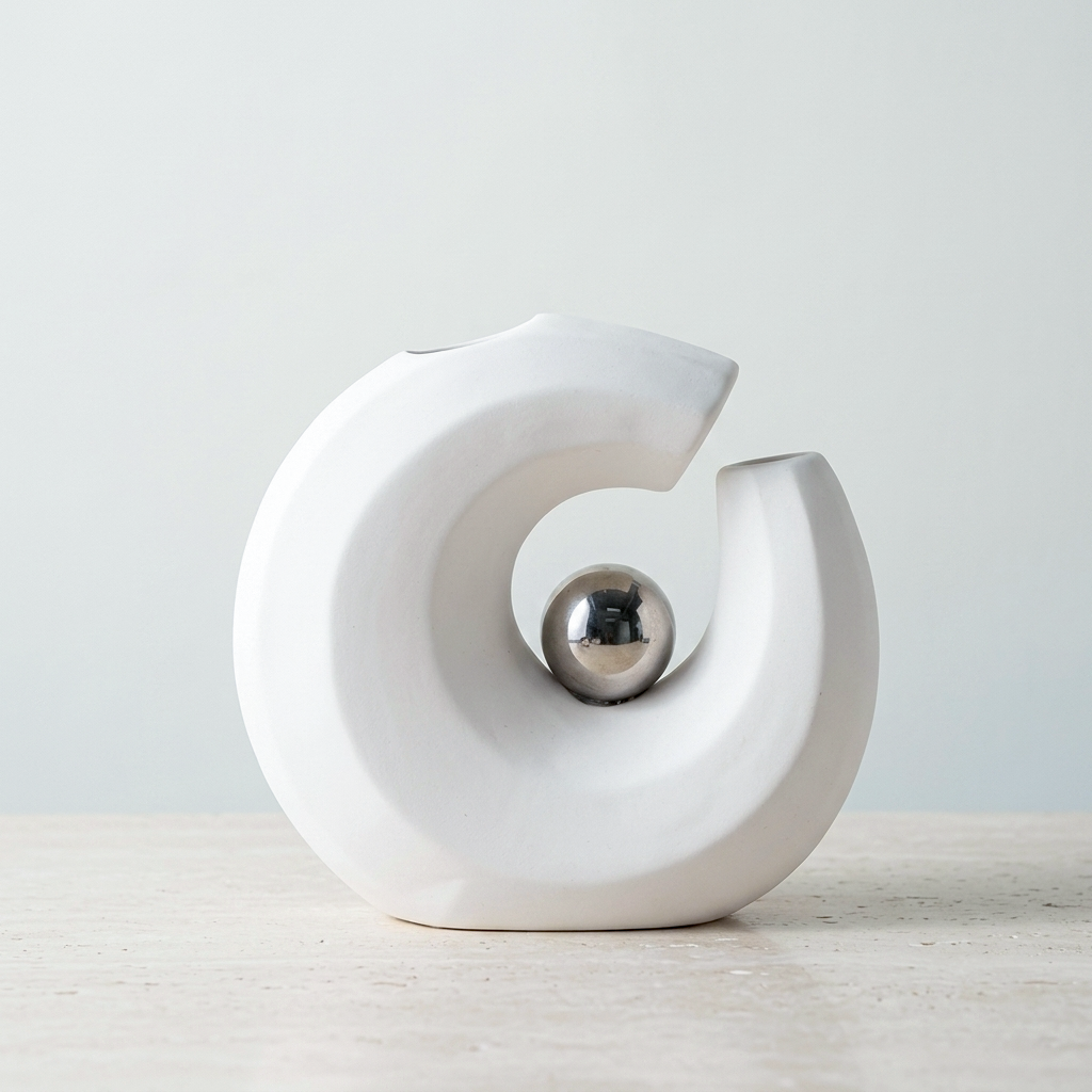A modern white ceramic C-shaped ceramic vase with a polished silver metallic ball in the center, set on a light wooden surface against a neutral light gray background.