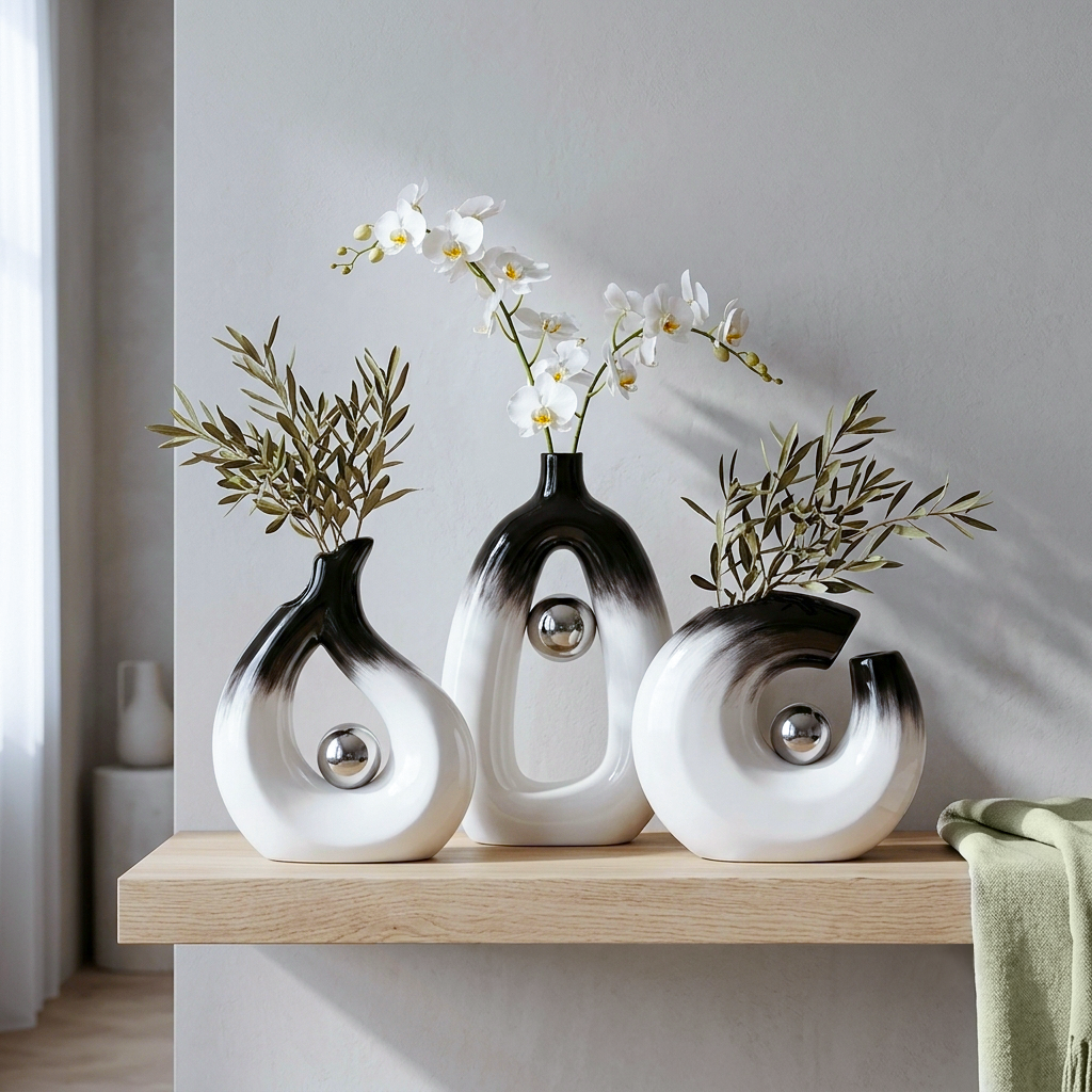 Three modern Scandinavian ceramic vases with a black-and-white gradient design and metallic silver accents, arranged on a light wood shelf with white flowers and olive branches against a neutral gray wall.