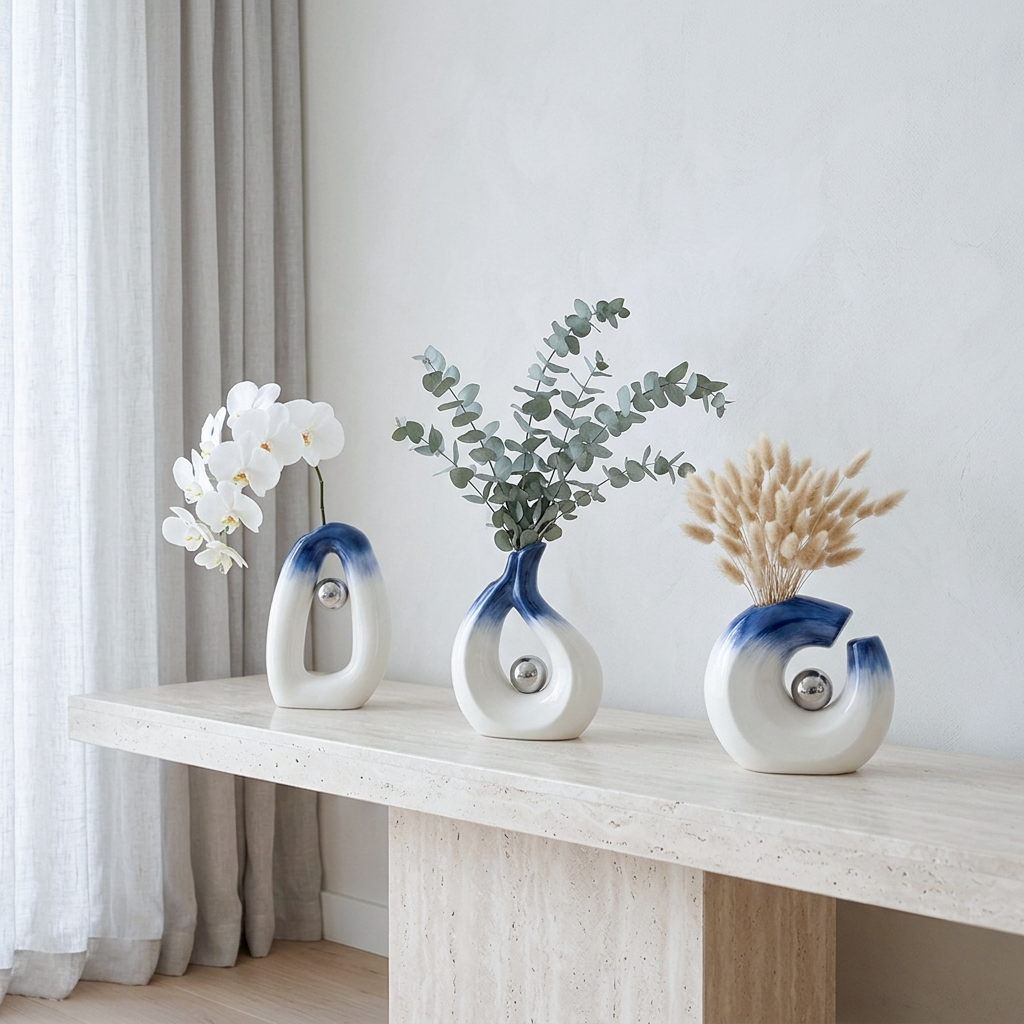 Three ceramic spiral-shaped vases with blue gradient accents and silver circular details, displayed on a light stone console table. The vases are styled with white orchids, eucalyptus branches, and dried pampas grass against a neutral wall and curtain background.