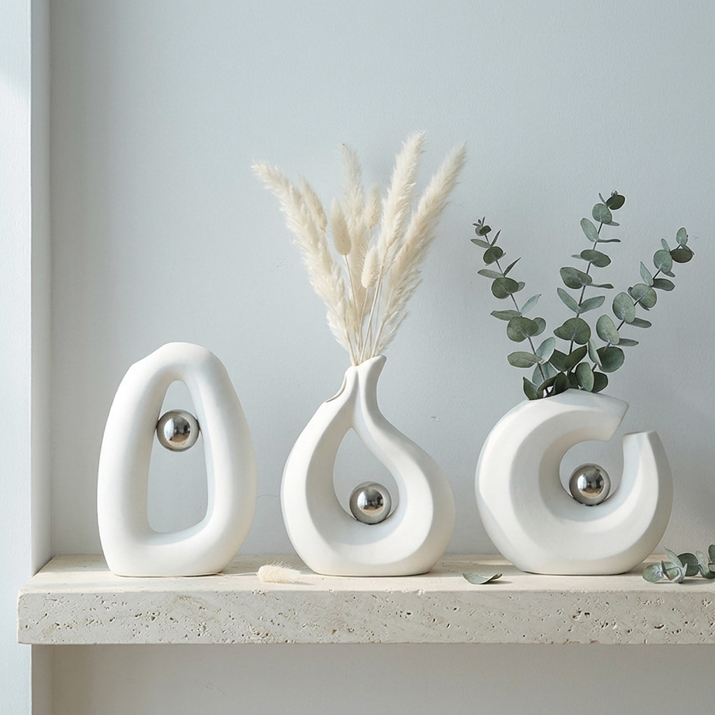 Three white ceramic abstract vases with silver metallic spheres, displayed on a light stone shelf against a pale blue-gray wall. The center vase holds dried pampas grass, and the right vase holds eucalyptus branches.