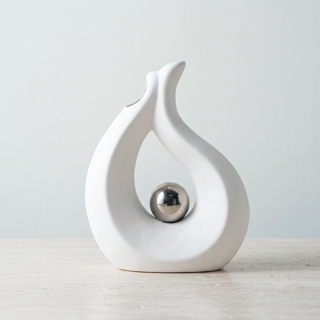 A white ceramic decorative sculpture with a smooth, flowing abstract shape and a polished silver metallic ball centered inside, set on a light stone surface against a soft light gray background.