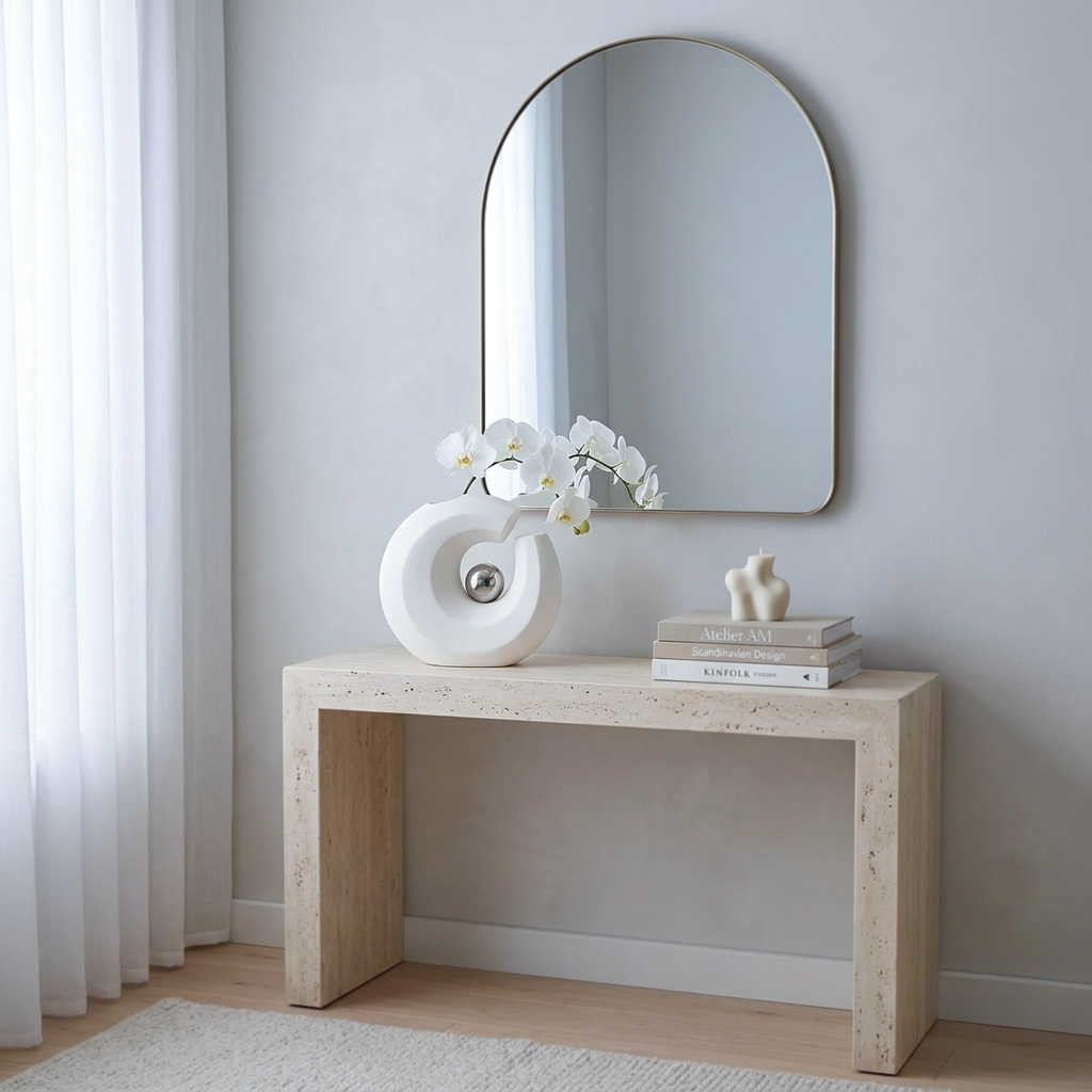 A light beige stone console table in a minimalist Scandinavian room, styled with a white sculptural vase, white orchids, a small white animal figurine, and a stack of books beneath an arched wall mirror.