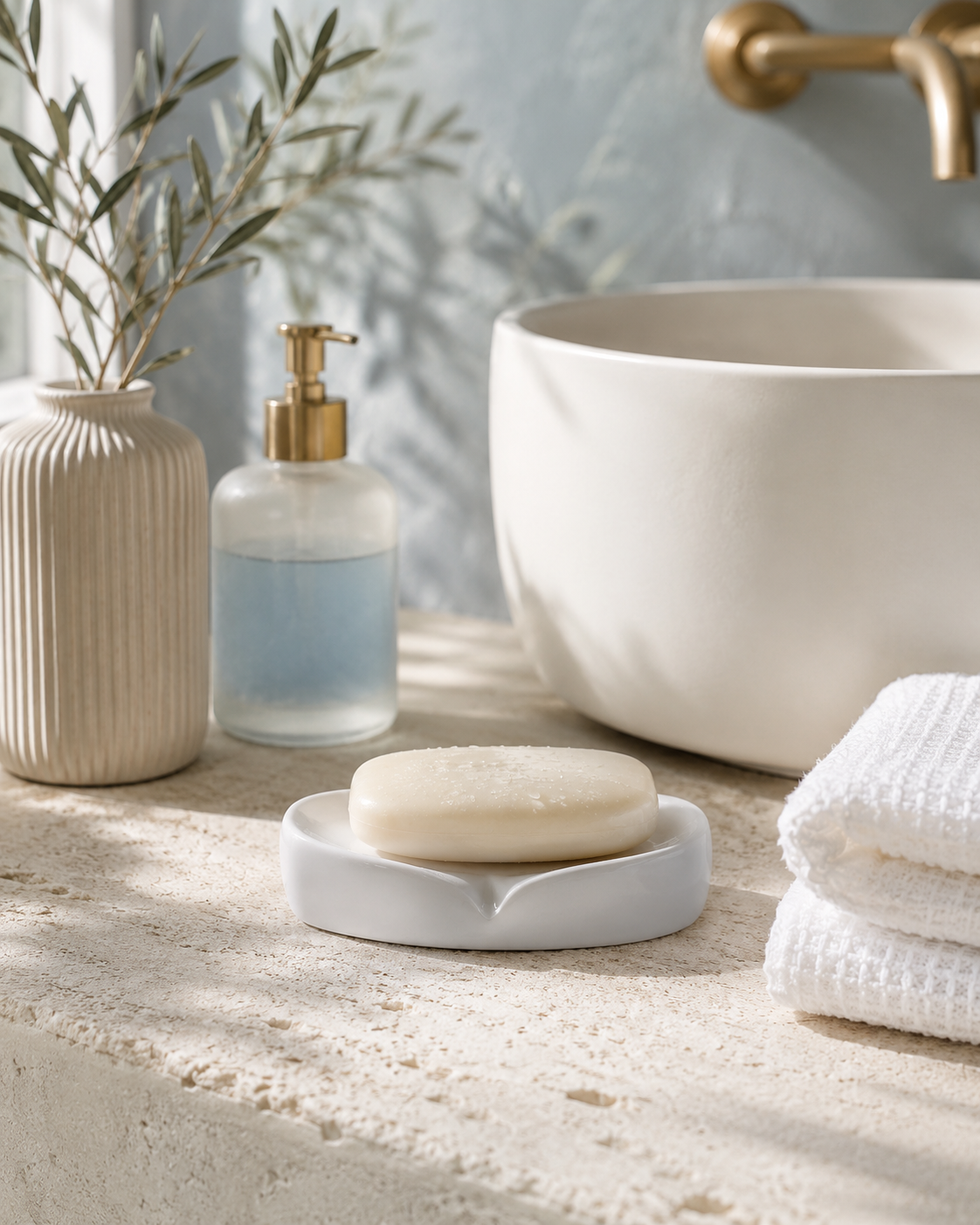 A white ceramic soap dish holding a round bar of soap, styled on a stone bathroom counter beside a folded white towel, a frosted pump bottle, and a ribbed vase with dried branches, with a large white vessel sink in the background.