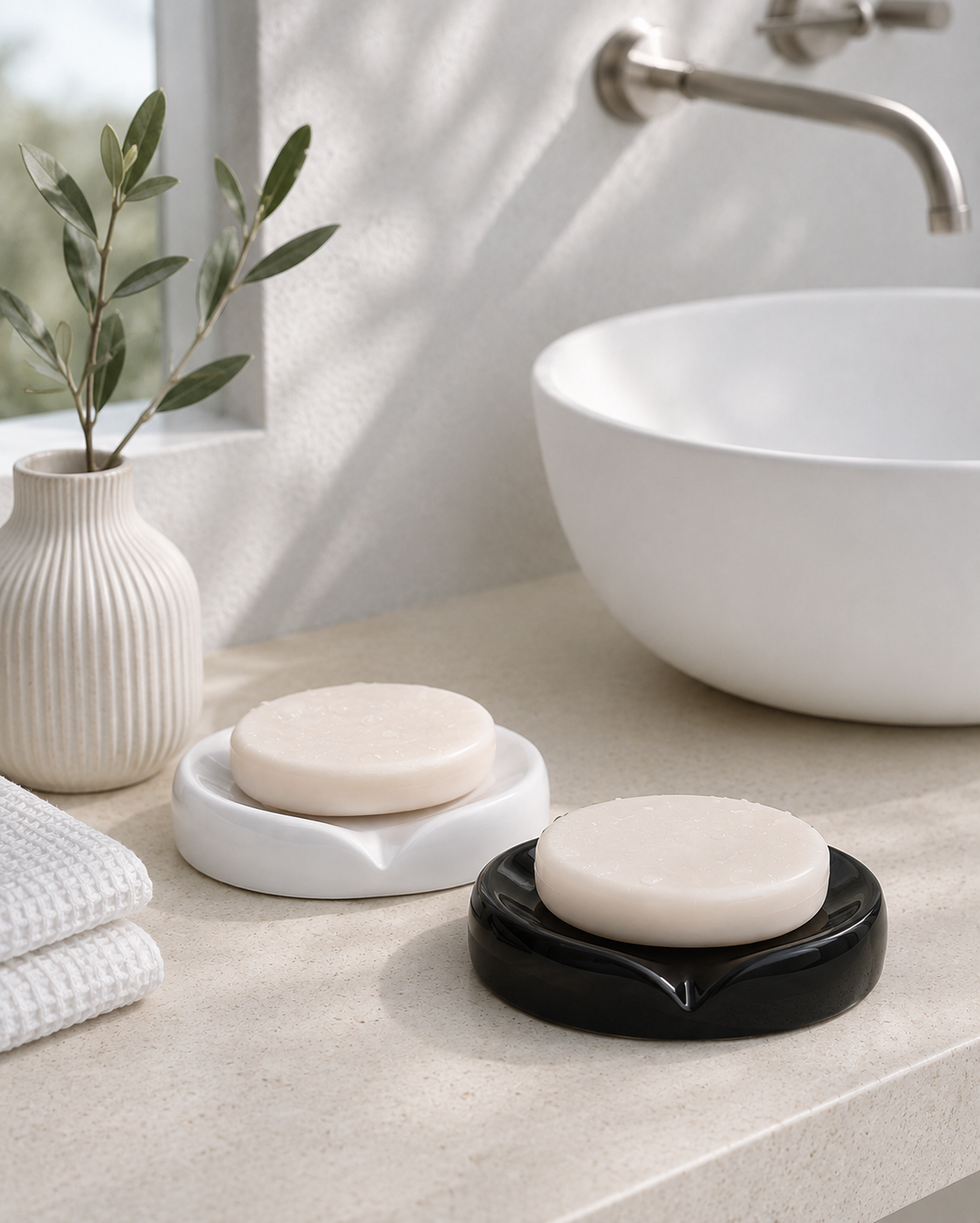 Two round bar soaps resting in matching ceramic soap dishes on a bathroom counter, with a white vessel sink, faucet, and small vase with greenery in the background.