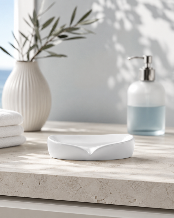 A white ceramic soap dish with a curved, leaf-like notch sits on a light stone bathroom counter. In the softly blurred background, a white ribbed vase with green stems, folded white towels, and a frosted glass pump bottle are visible.