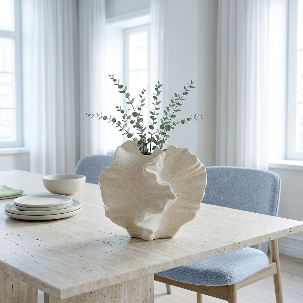 A textured, scalloped cream ceramic vase filled with eucalyptus stems, styled on a light stone dining table with blue upholstered chairs in a bright, modern room.