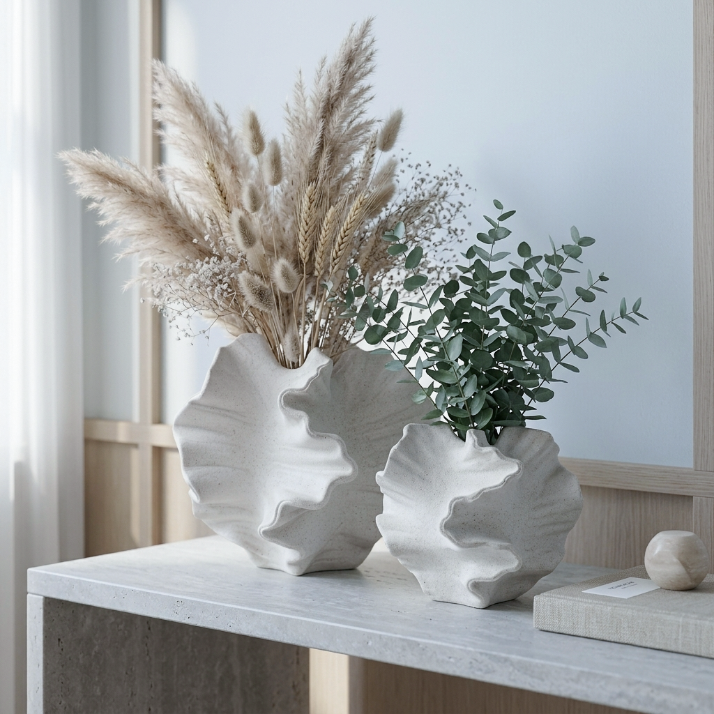 Two sculptural white ceramic vases with wavy, layered edges sit on a light stone table. One vase holds beige dried grasses and the other holds a green eucalyptus branch.