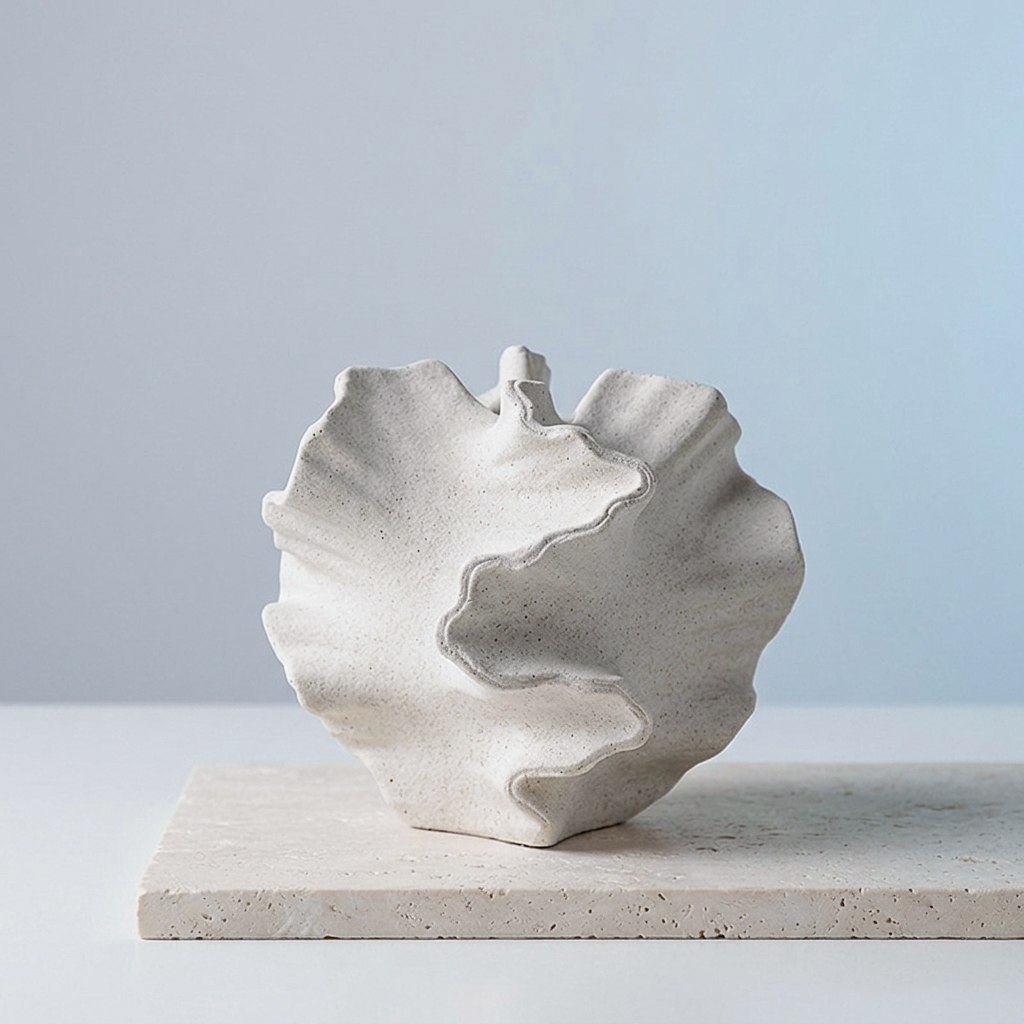 A sculptural abstract ceramic vase with a textured, organic shell-like form, displayed on a matching stone slab against a soft light blue-gray background.