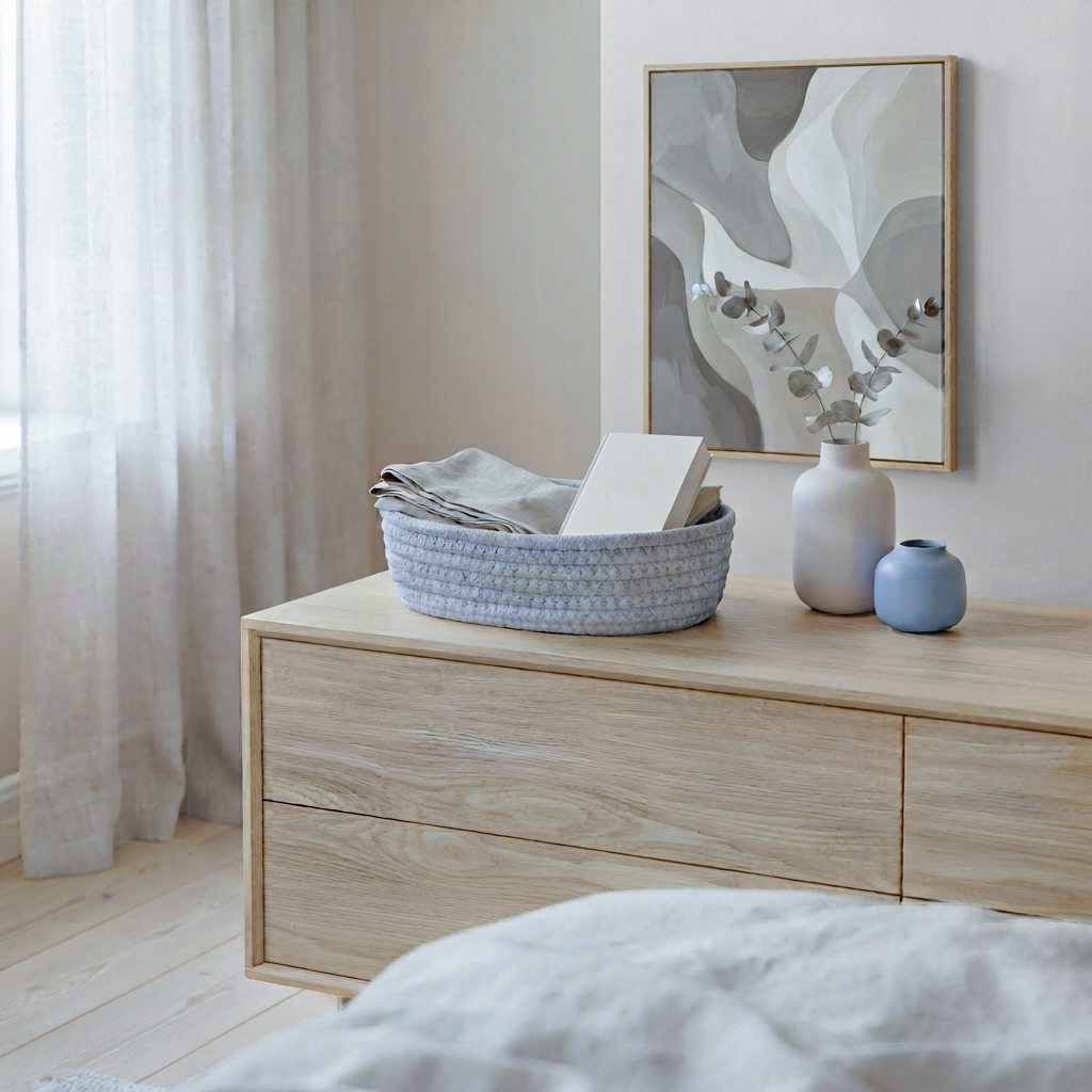 A light wood dresser in a softly styled bedroom setting, topped with a woven gray basket, folded textiles, a white vase with dried stems, and a small blue vase. A framed abstract print hangs on the wall above.