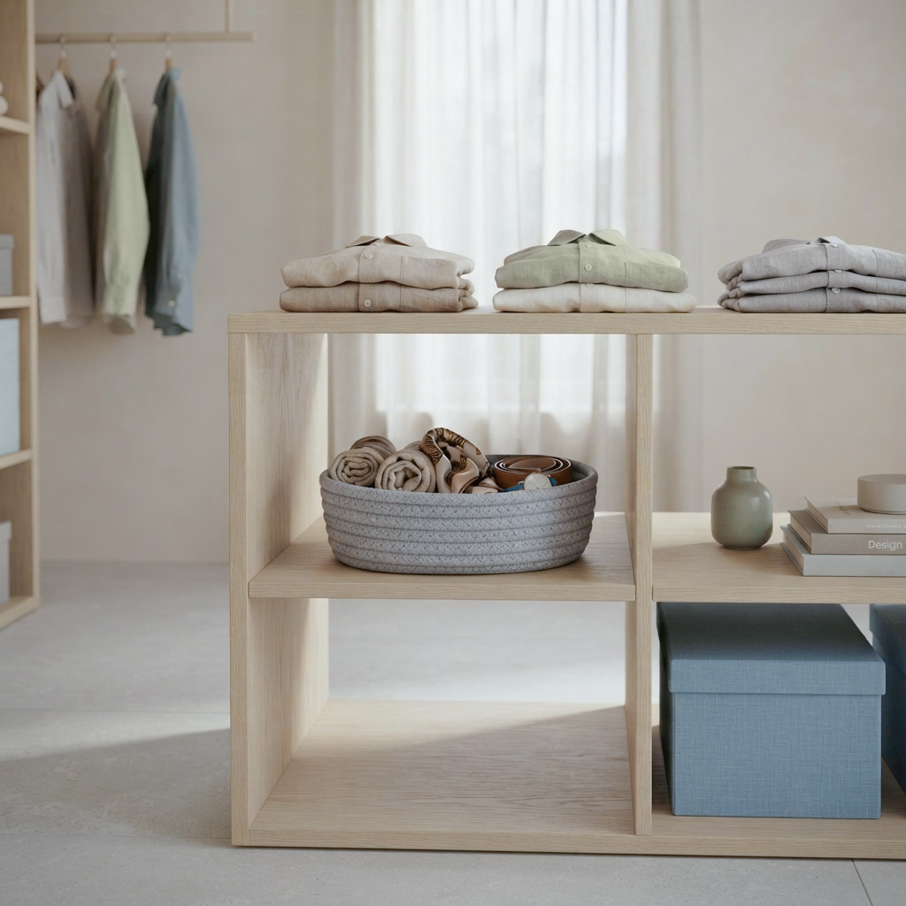A light natural wood open shelving unit styled in a bright, minimalist room. The shelves are arranged with folded cream and sage green garments on the top shelf, a gray woven basket containing folded textiles in the middle-left shelf, books and a small green ceramic vase on the middle-right shelf, and a blue storage box in the bottom-right compartment.
