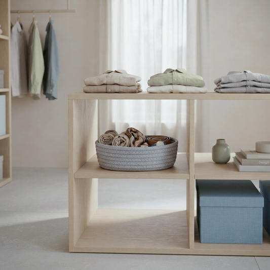 A light natural wood open shelving unit styled in a bright, minimalist room. The shelves are arranged with folded cream and sage green garments on the top shelf, a gray woven basket containing folded textiles in the middle-left shelf, books and a small green ceramic vase on the middle-right shelf, and a blue storage box in the bottom-right compartment.