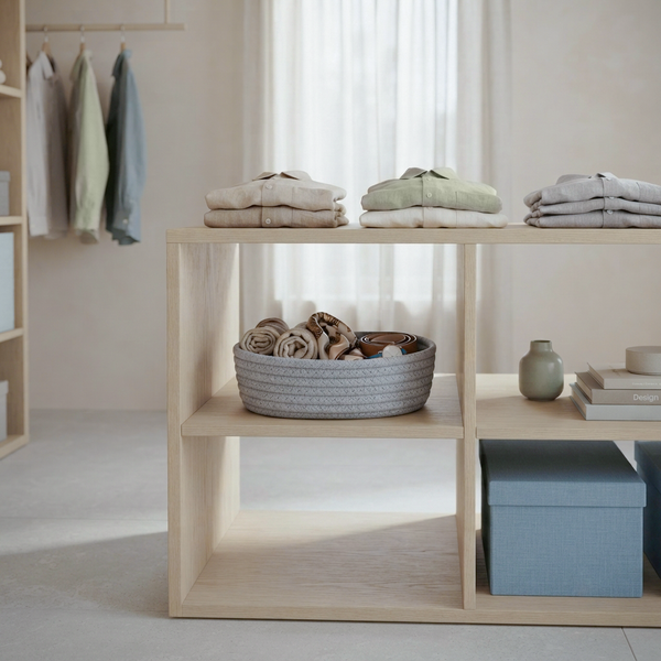 A light natural wood open shelving unit styled in a bright, minimalist room. The shelves are arranged with folded cream and sage green garments on the top shelf, a gray woven basket containing folded textiles in the middle-left shelf, books and a small green ceramic vase on the middle-right shelf, and a blue storage box in the bottom-right compartment.