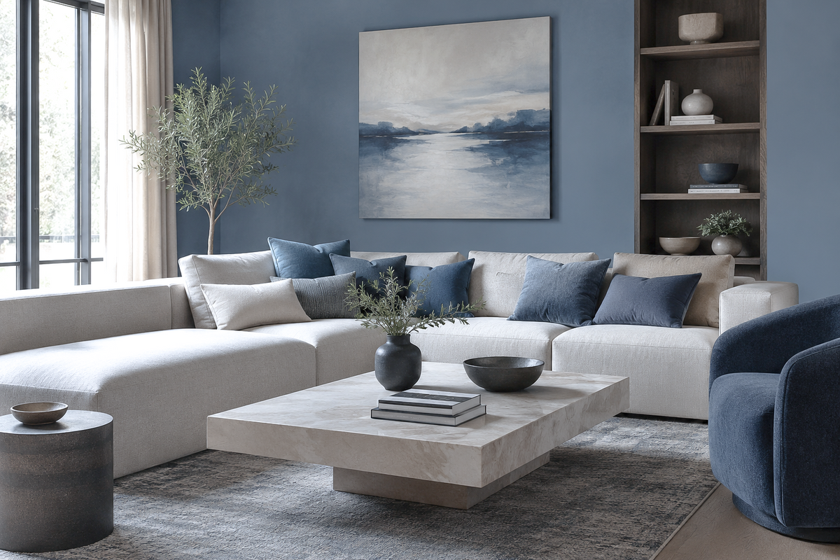 A styled living room featuring a large white sectional sofa with cerulean blue and beige throw pillows, a light wood coffee table, a gray rug, and a prominent square wall art print depicting a misty lake landscape. The room has blue walls, a built-in wooden shelf, and a window on the left.