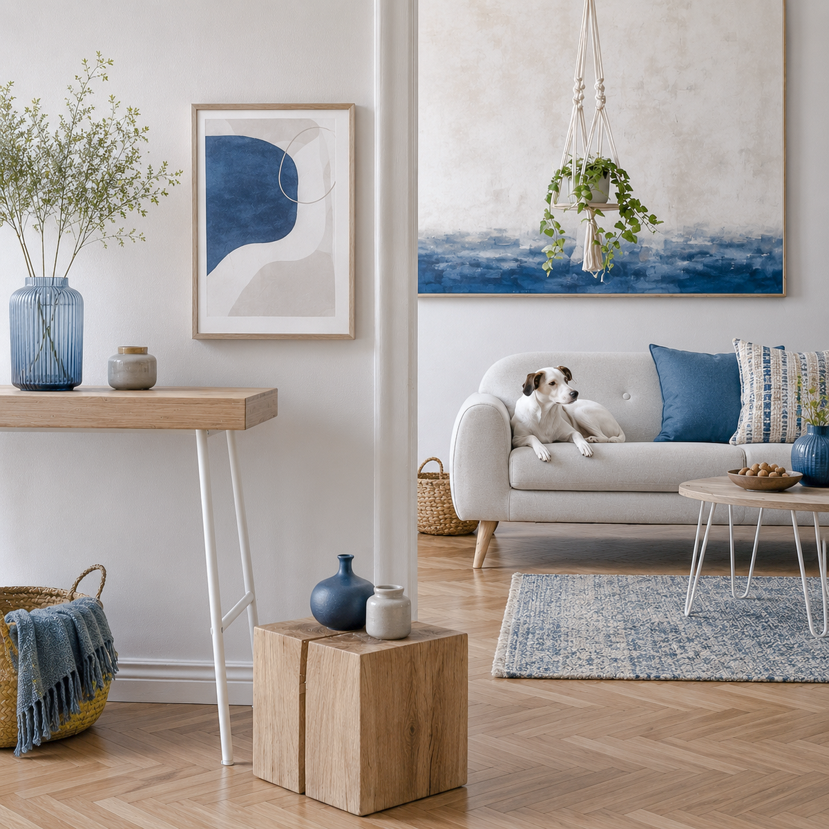 A styled living room interior with a white sofa, blue accent pillows, a blue rug, a wooden console table, and framed abstract wall art. A small dog sits on the sofa, and decor including a hanging plant, blue vase, and wood block side table are arranged in the room.