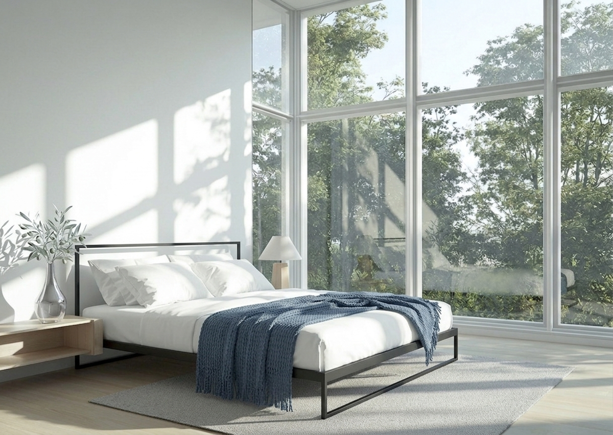 A modern bed with a black metal frame, dressed in white bedding and a blue throw blanket, positioned in a bright bedroom with large windows showing a view of green trees outside.