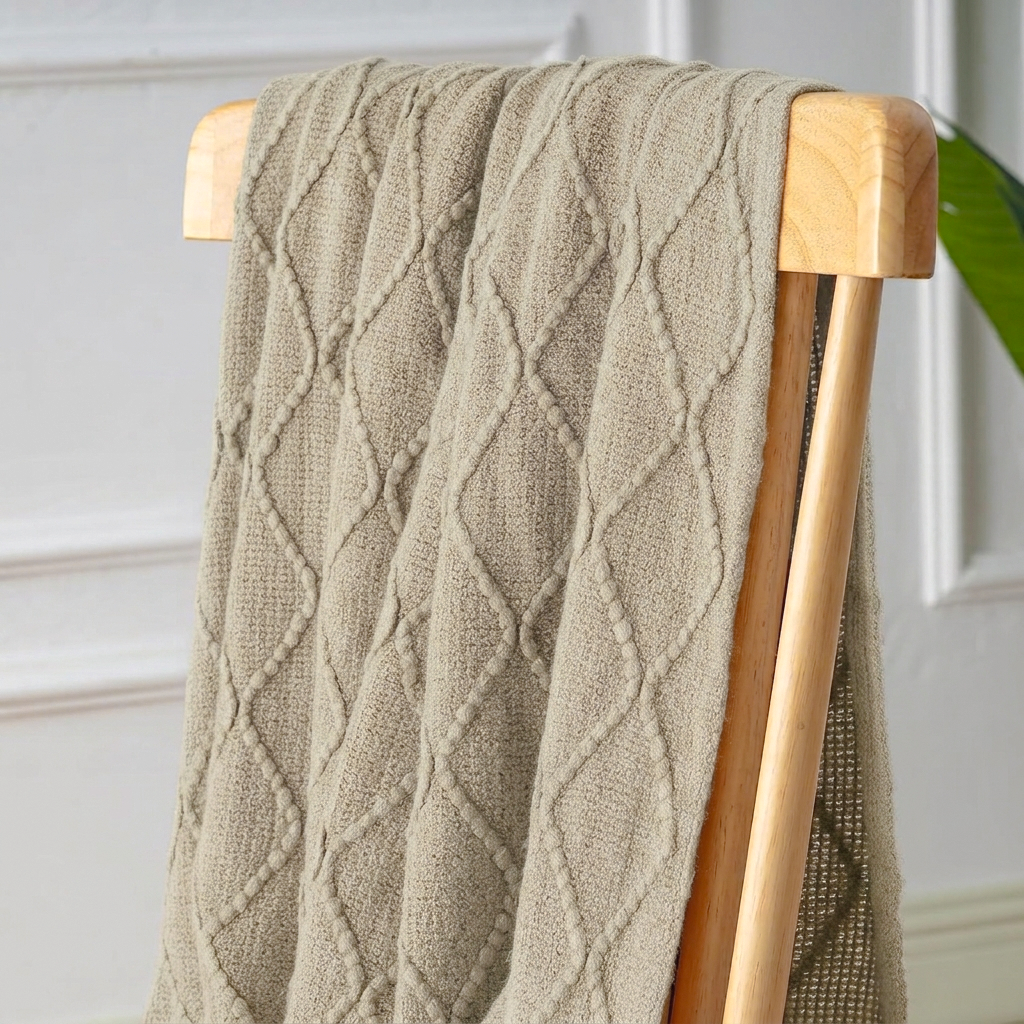 A textured knit throw blanket in a warm khaki color draped over a light wood chair, showing a diamond cable-knit pattern against a soft white paneled wall background.
