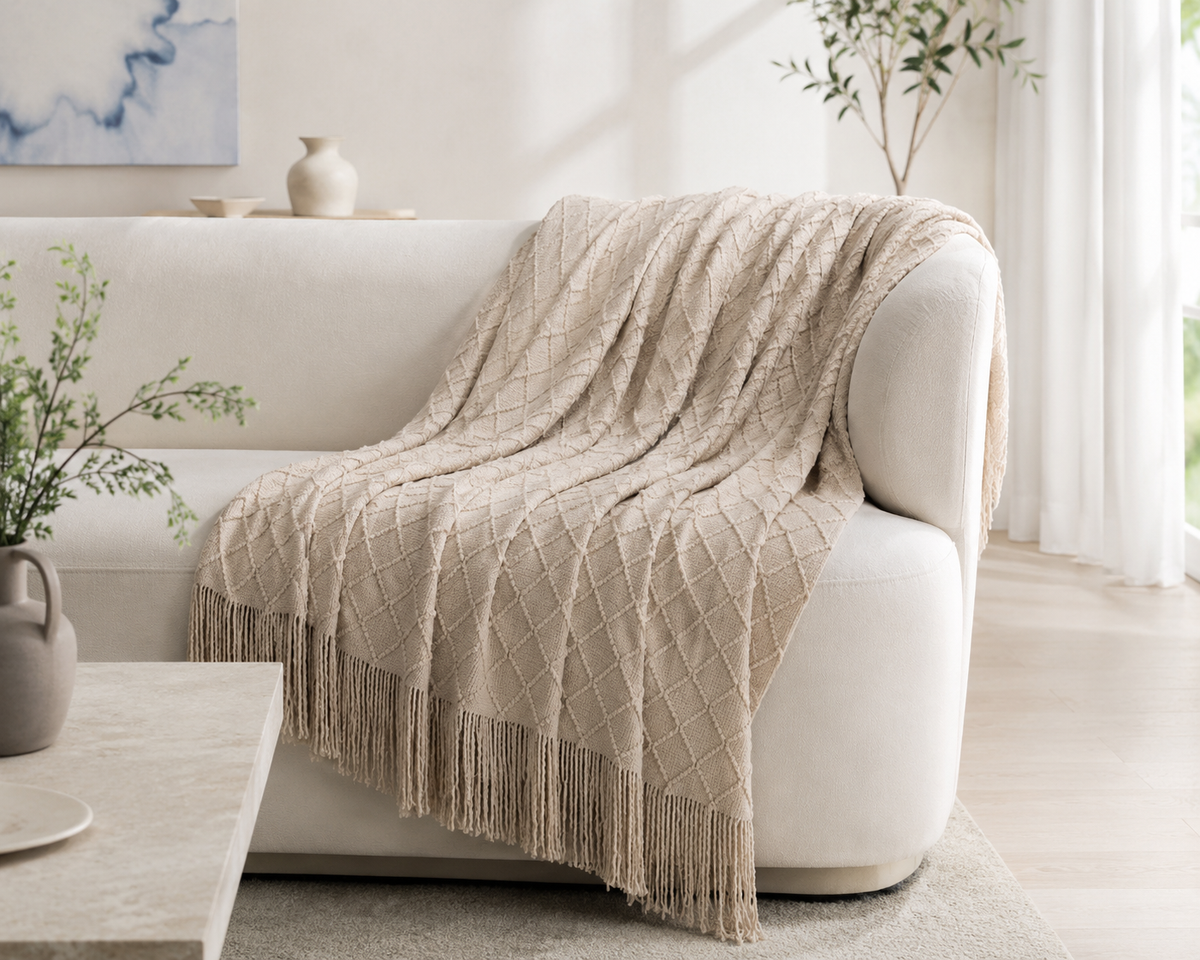 A beige textured knit throw blanket with fringe is draped over a cream-colored sofa in a bright, modern living room setting.