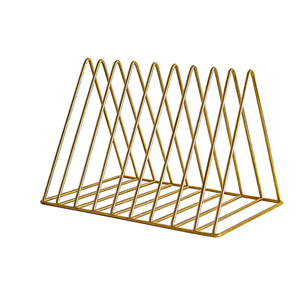 Gold metal wire magazine rack with a triangular open design and a slatted base, shown on a plain white background.