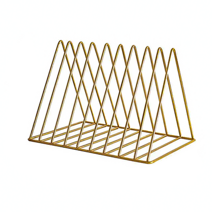 Gold metal wire magazine rack with a triangular open design and a slatted base, shown on a plain white background.