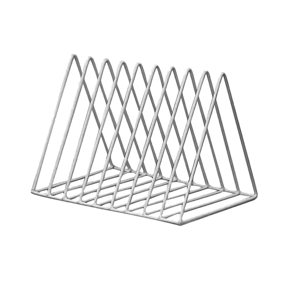 A silver metal wire rack organizer with multiple triangular slots, shown on a plain white background.