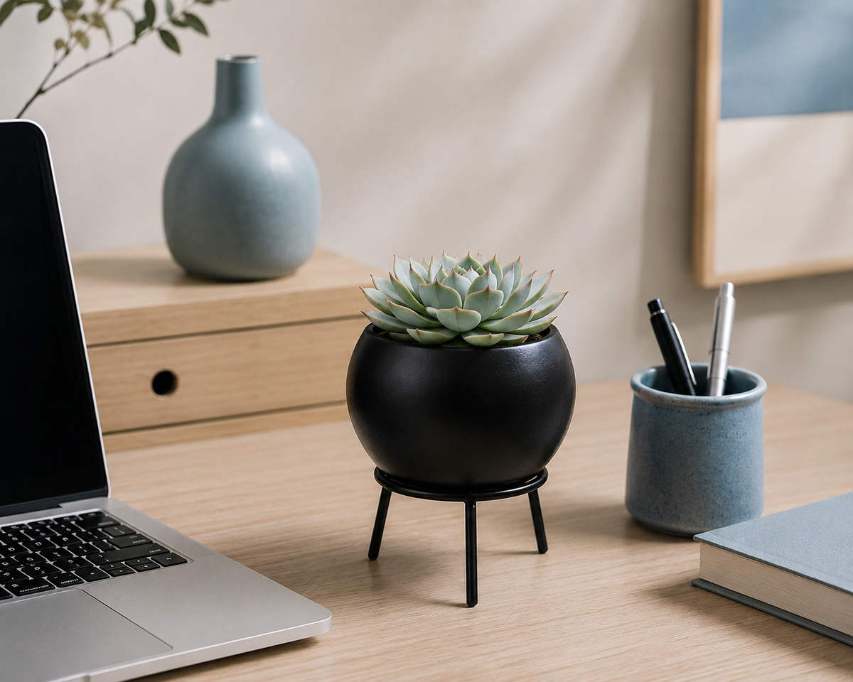 A small succulent in a matte black round planter on a matching black tripod stand, placed on a light wood desk beside a laptop, a blue ceramic vase, and a pen cup.