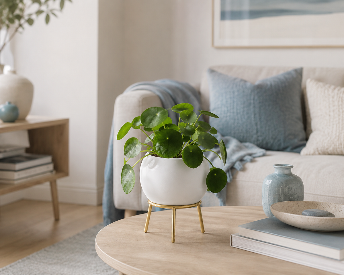 A potted round green plant in a white ceramic pot with gold legs, placed on a light wood table in a modern living room setting.