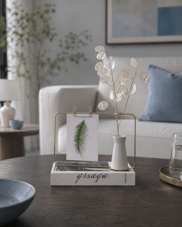 A styled home decor scene showing a gold metal frame organizer holding a small white vase with round leafy stems and a card, placed on a white book on a dark wooden table in a living room setting.