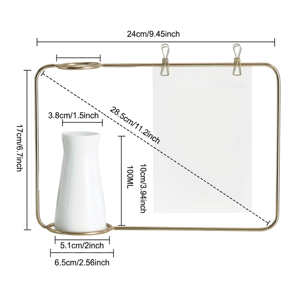 Gold-framed hanging wall mirror with dimension annotations, including a white ceramic vase shown inside the mirror area, on a light gray background.