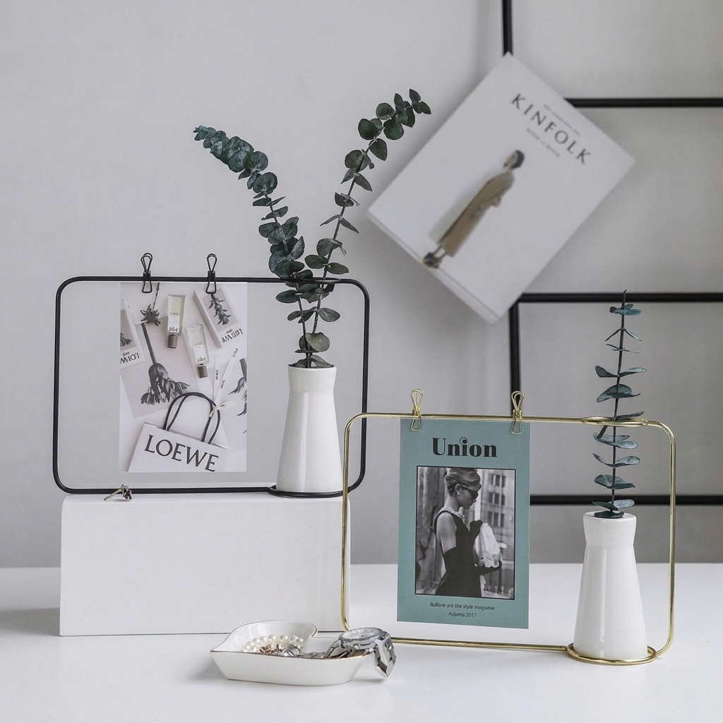 Two minimalist wall-mounted picture frames on white blocks, one with a black frame and one with a gold frame, each holding a small white vase with eucalyptus stems and a printed card. The scene is styled on a white tabletop against a light gray wall, with a magazine and framed print in the background.