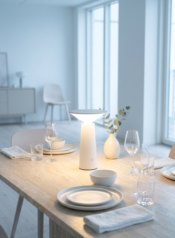 A modern mushroom white table lamp with a wide, tiered shade sits on a light wood dining table, surrounded by white plates, wine glasses, and a small vase with greenery in a bright, minimalist dining room.