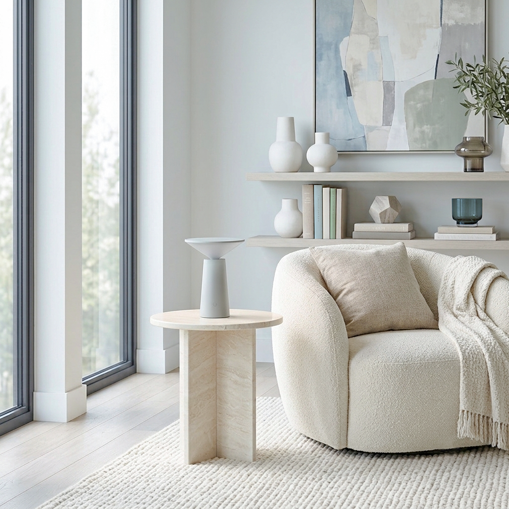 A modern living room scene featuring a round light wood side table with a white Mushroom table lamp, next to a cream bouclé armchair with a beige pillow and knit throw blanket. The room has light wood floors, a white textured rug, and a white floating shelf with decorative vases and books under a framed abstract print.
