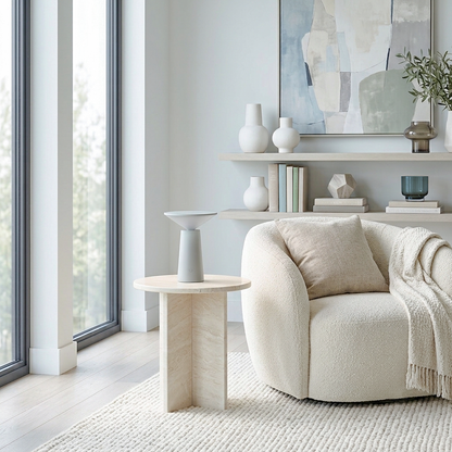A modern living room scene featuring a round light wood side table with a white Mushroom table lamp, next to a cream bouclé armchair with a beige pillow and knit throw blanket. The room has light wood floors, a white textured rug, and a white floating shelf with decorative vases and books under a framed abstract print.