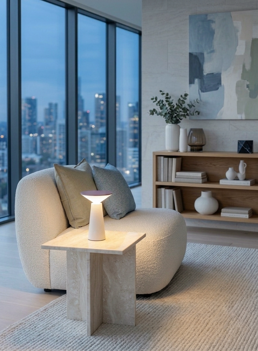A modern living room corner featuring a rounded cream boucle armchair with two pillows, a matching light wood side table with a glowing sculptural table lamp, and a light rug. Large floor-to-ceiling windows show a city skyline at dusk, and a wooden shelf with decorative vases and books sits against the wall under abstract wall art.