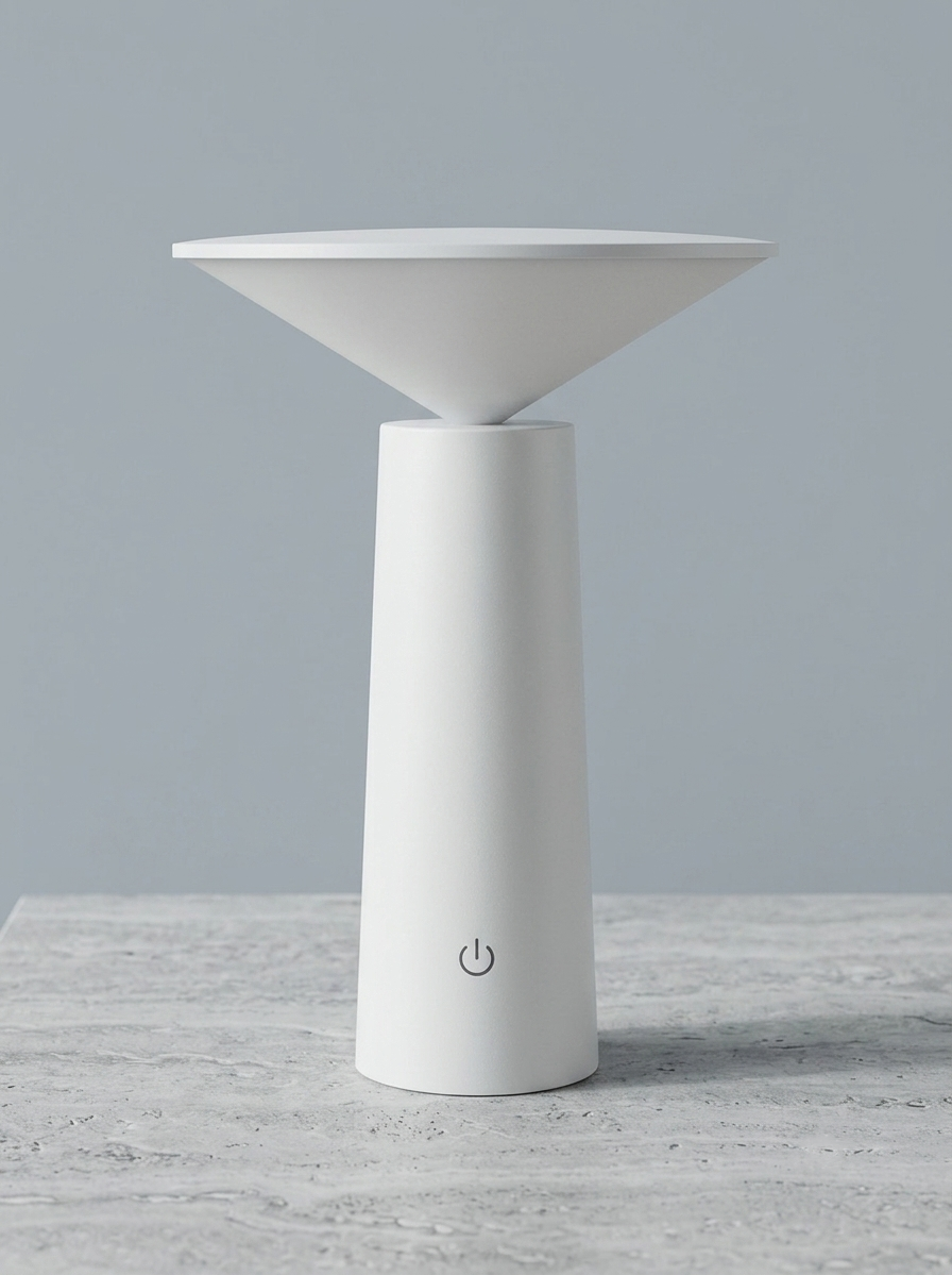 A minimalist white Mushroom table lamp with a wide, shallow conical shade and a cylindrical base featuring a power symbol, set against a solid gray background on a light gray stone surface.