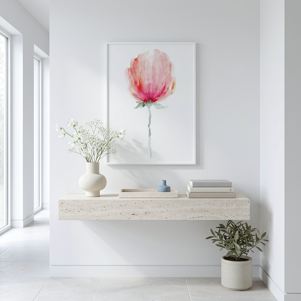 A framed watercolor art print of a pink and red tulip hanging on a white wall above a floating stone console table in a bright, modern room.